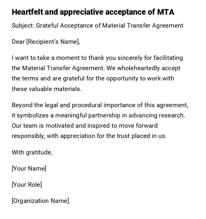 Heartfelt and appreciative acceptance of MTA Heartfelt and appreciative acceptance of MTA