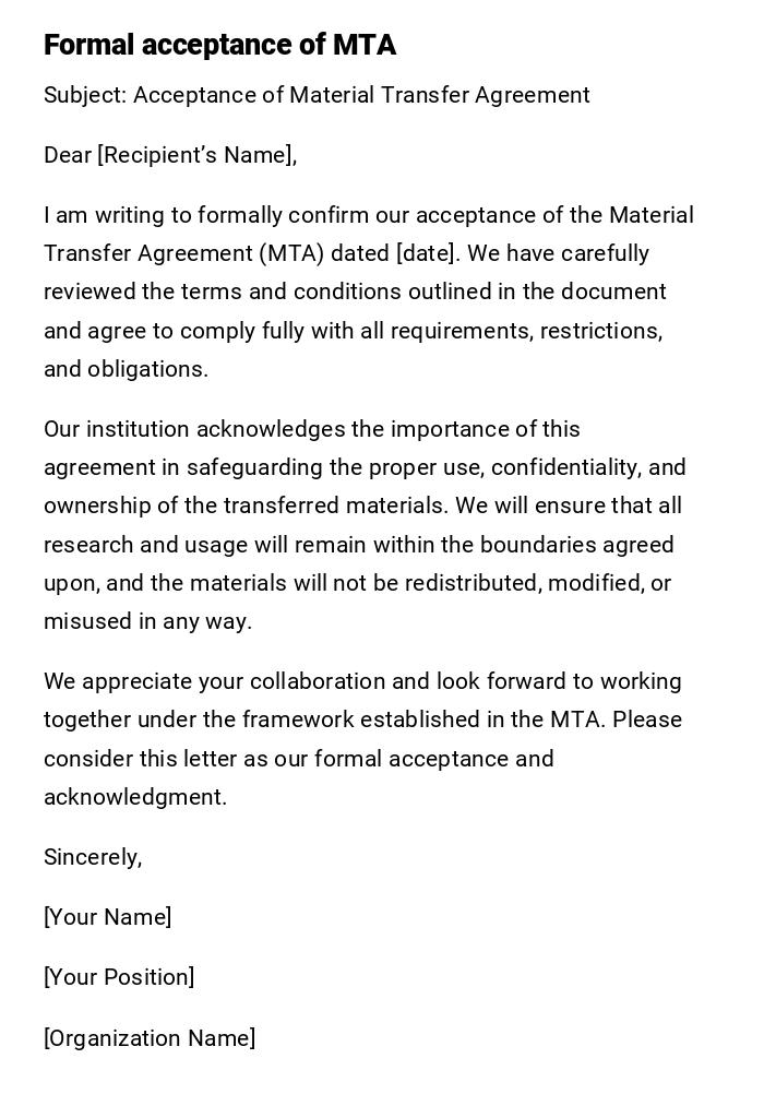 Formal acceptance of MTA Formal acceptance of MTA