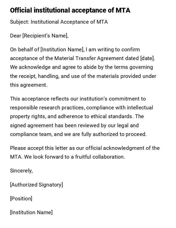 Official institutional acceptance of MTA Official institutional acceptance of MTA
