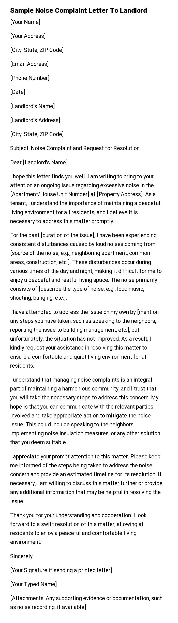 Sample Noise Complaint Letter To Landlord