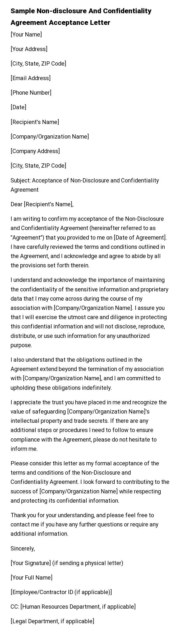 Sample Non-disclosure And Confidentiality Agreement Acceptance Letter