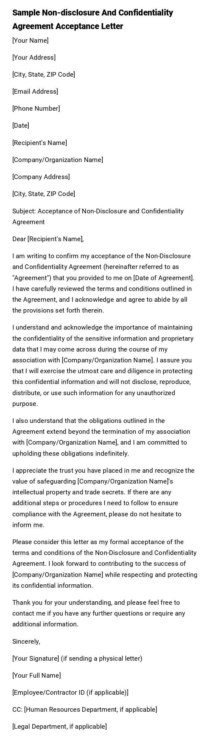 Sample Non-disclosure And Confidentiality Agreement Acceptance Letter