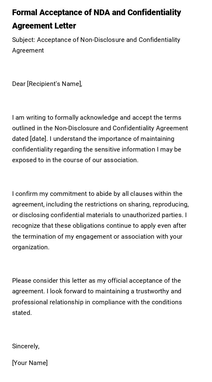 Formal Acceptance of NDA and Confidentiality Agreement Letter