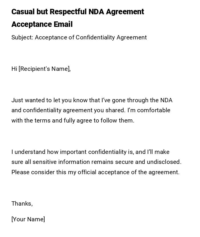 Casual but Respectful NDA Agreement Acceptance Email