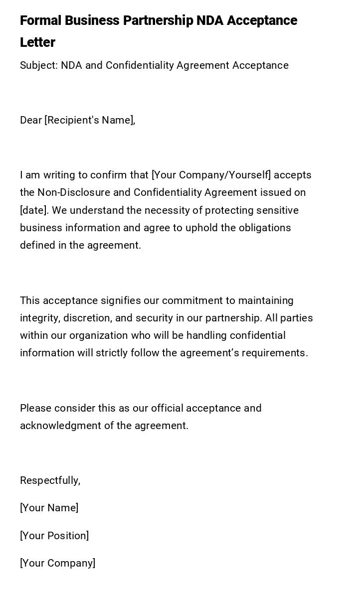 Formal Business Partnership NDA Acceptance Letter