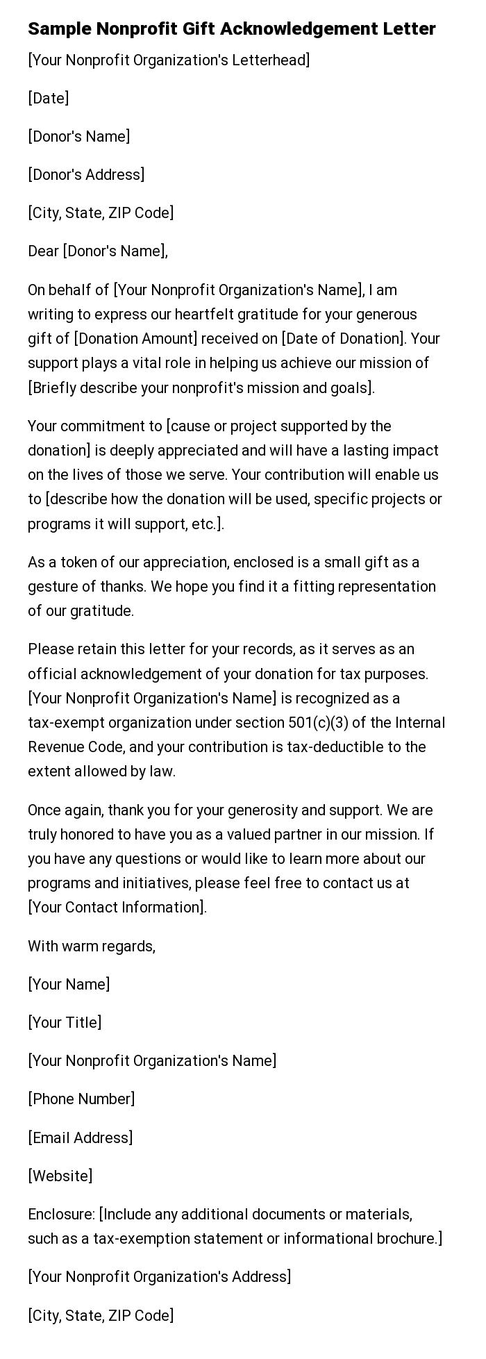 Sample Nonprofit Gift Acknowledgement Letter