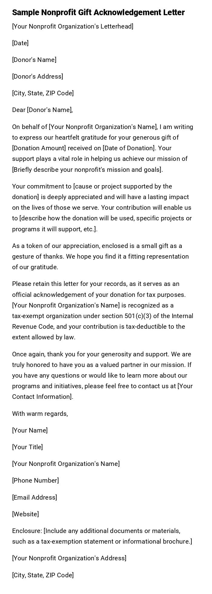 Sample Nonprofit Gift Acknowledgement Letter