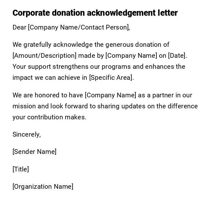 Corporate donation acknowledgement letter Corporate donation acknowledgement letter