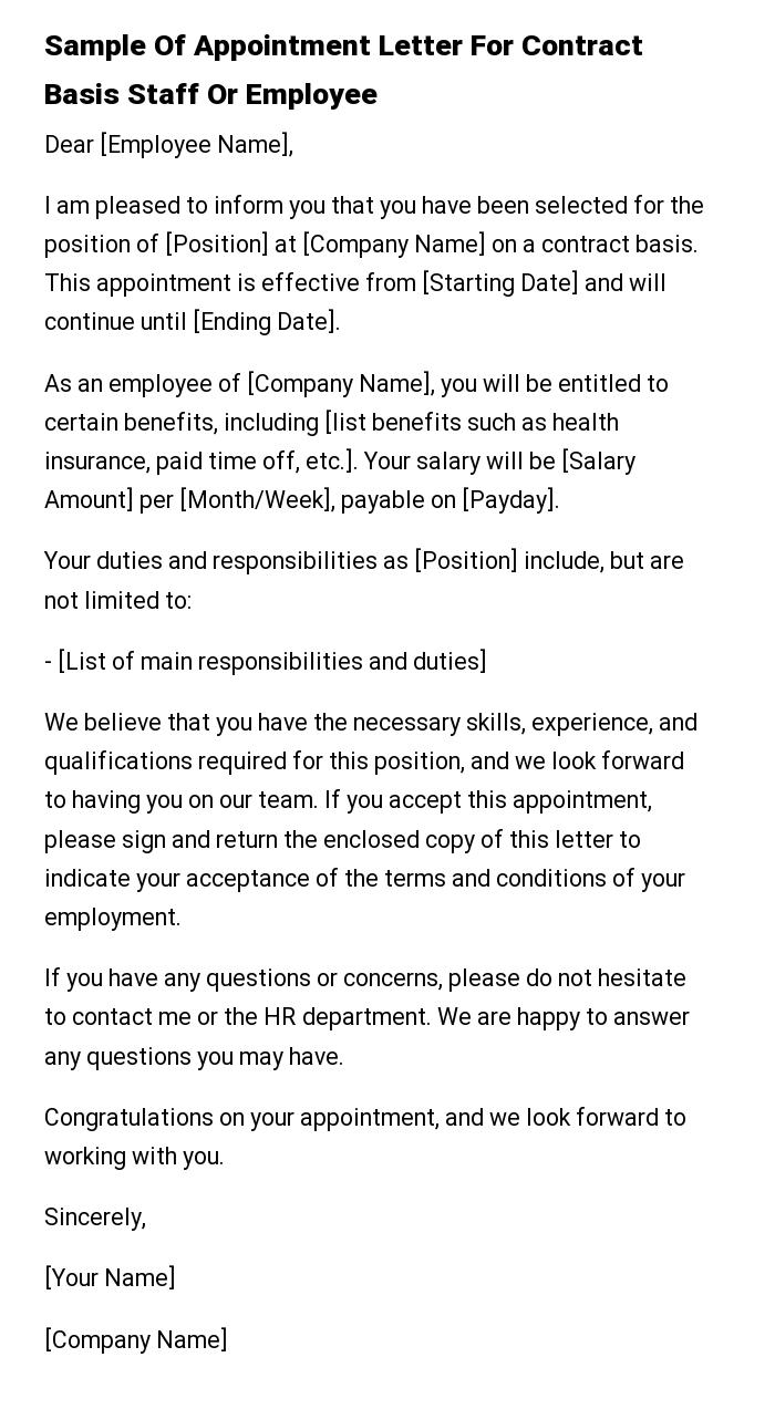 Sample Of Appointment Letter For Contract Basis Staff Or Employee