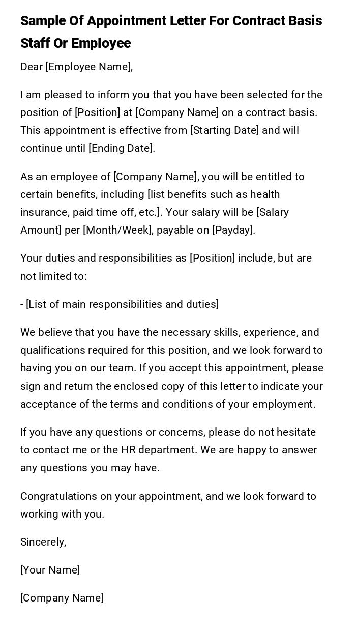 Sample Of Appointment Letter For Contract Basis Staff Or Employee