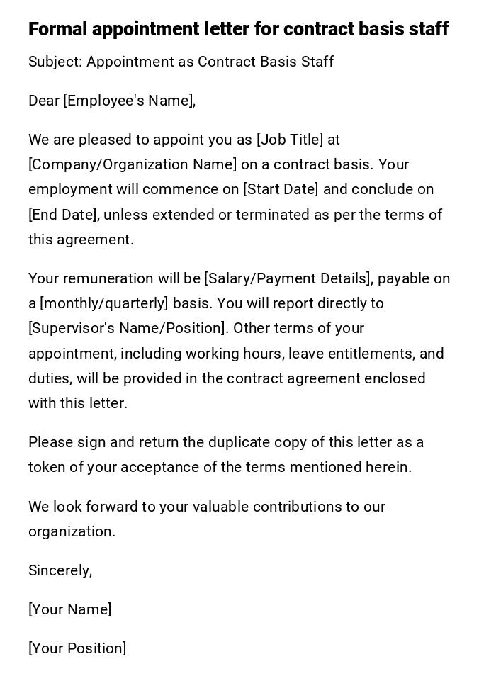 Formal appointment letter for contract basis staff Formal appointment letter for contract basis staff