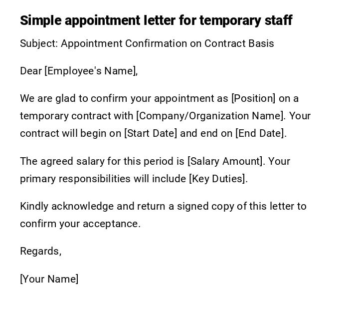 Simple appointment letter for temporary staff Simple appointment letter for temporary staff