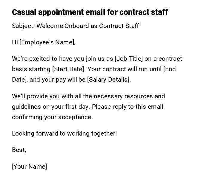 Casual appointment email for contract staff Casual appointment email for contract staff