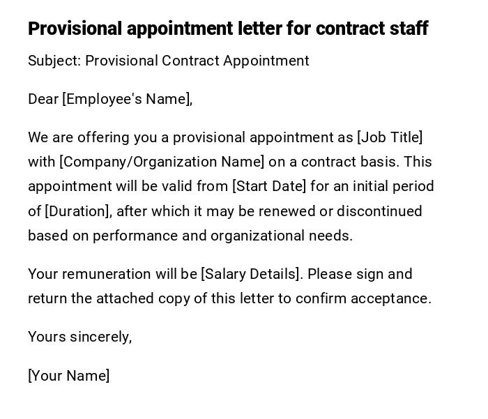 Provisional appointment letter for contract staff Provisional appointment letter for contract staff