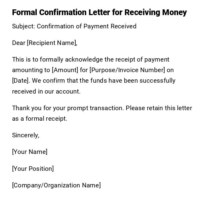 Formal Confirmation Letter for Receiving Money
