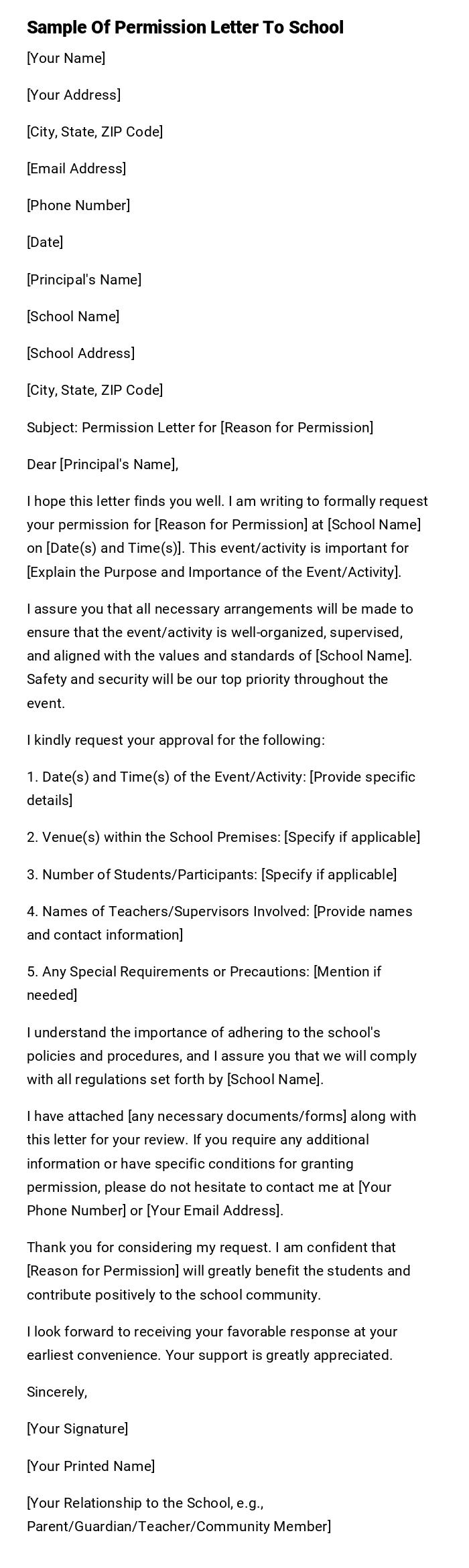 Sample Of Permission Letter To School Sample Of Permission Letter To School