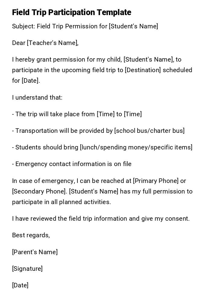 Field Trip Participation Template Field Trip Participation Template