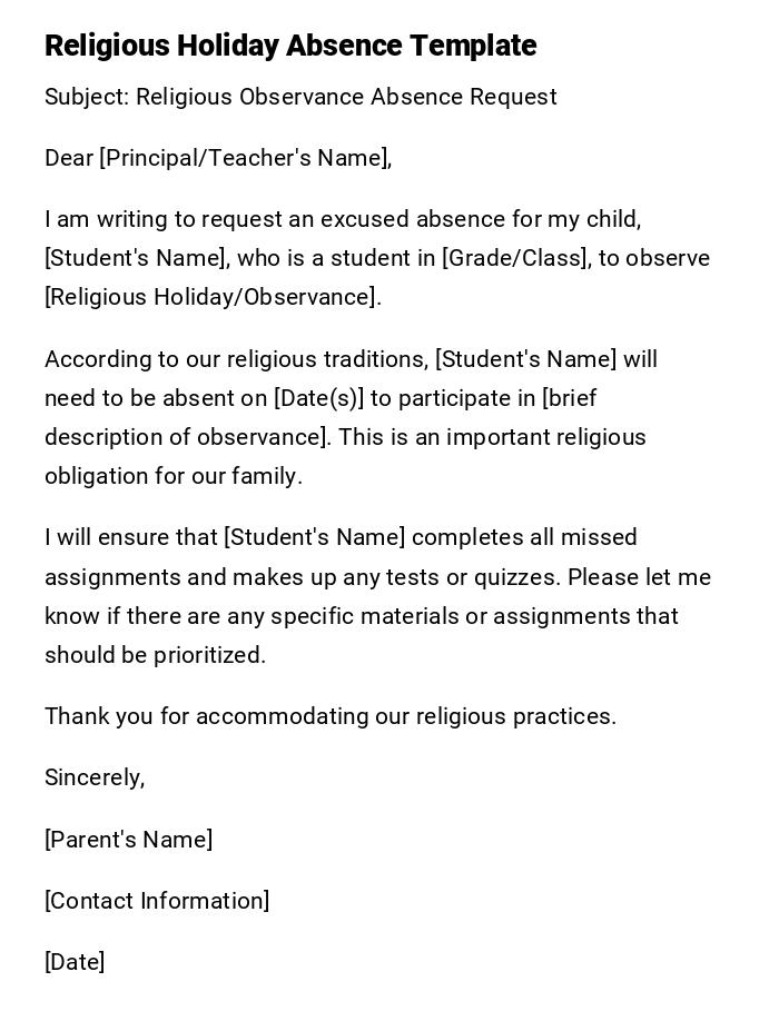 Religious Holiday Absence Template Religious Holiday Absence Template