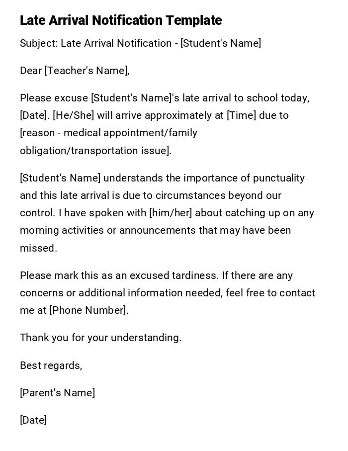 Late Arrival Notification Template Late Arrival Notification Template