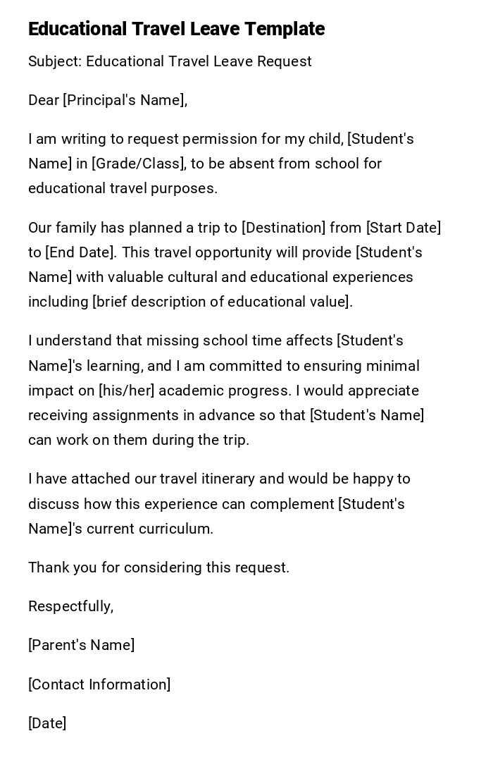 Educational Travel Leave Template Educational Travel Leave Template