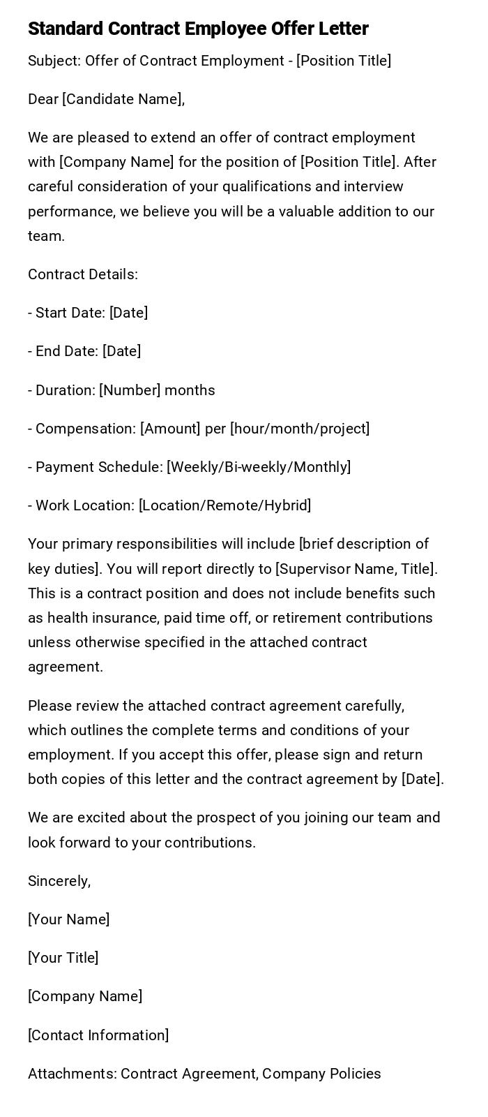 Standard Contract Employee Offer Letter Standard Contract Employee Offer Letter