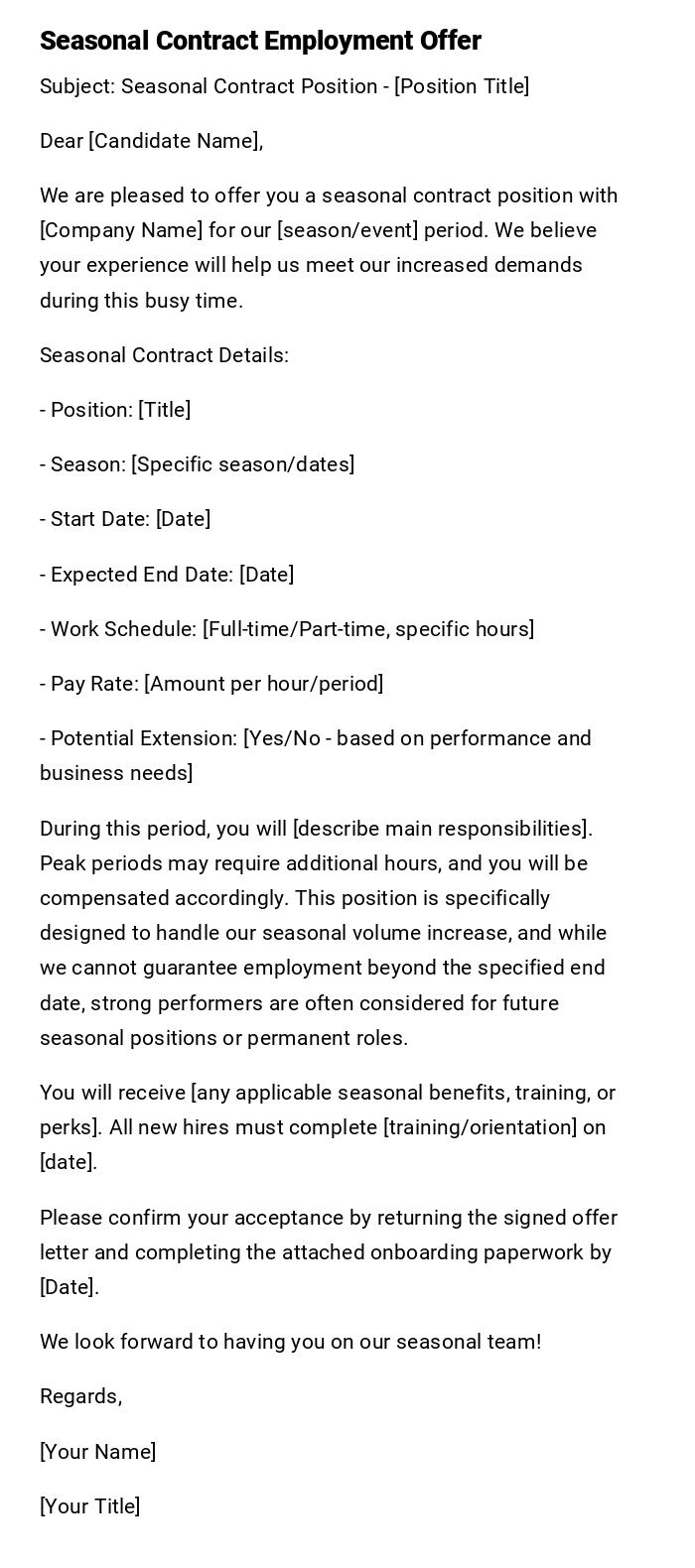 Seasonal Contract Employment Offer Seasonal Contract Employment Offer