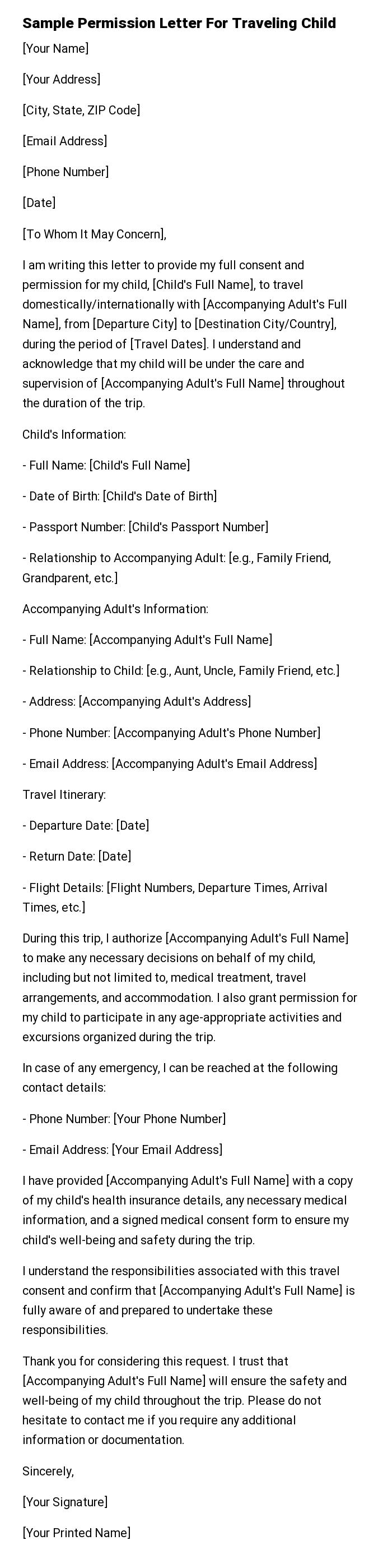 Sample Permission Letter For Traveling Child
