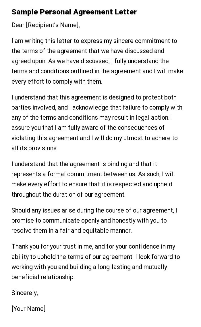 Sample Personal Agreement Letter