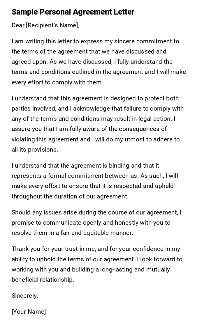 Sample Personal Agreement Letter