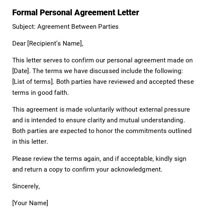 Formal Personal Agreement Letter Formal Personal Agreement Letter