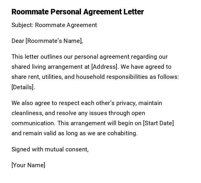 Roommate Personal Agreement Letter Roommate Personal Agreement Letter