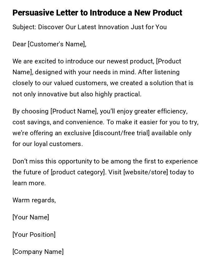 Persuasive Letter to Introduce a New Product Persuasive Letter to Introduce a New Product