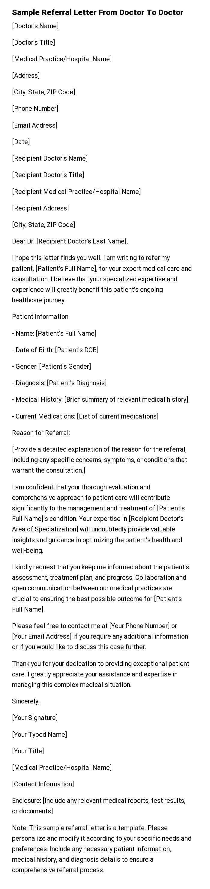 Sample Referral Letter From Doctor To Doctor