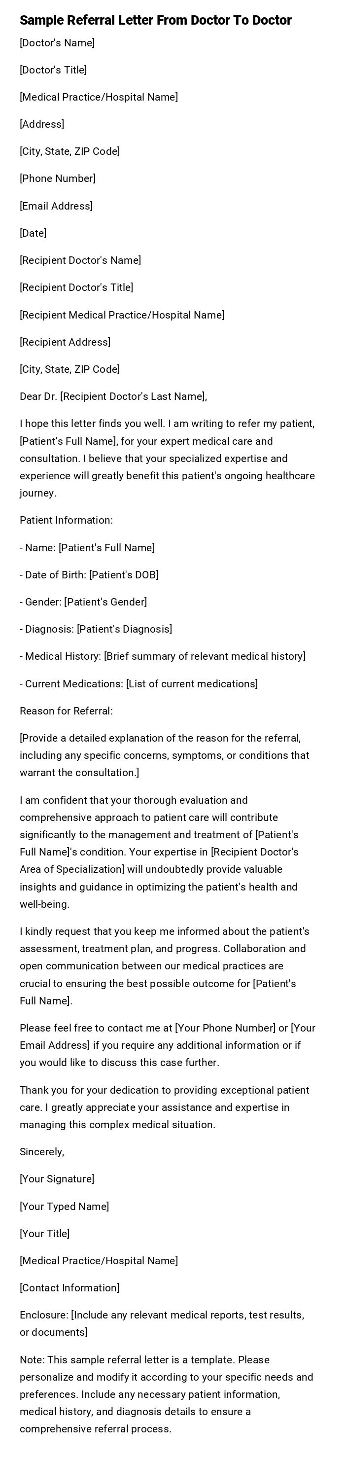 Sample Referral Letter From Doctor To Doctor