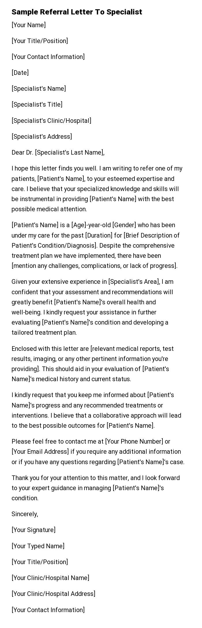 Sample Referral Letter To Specialist