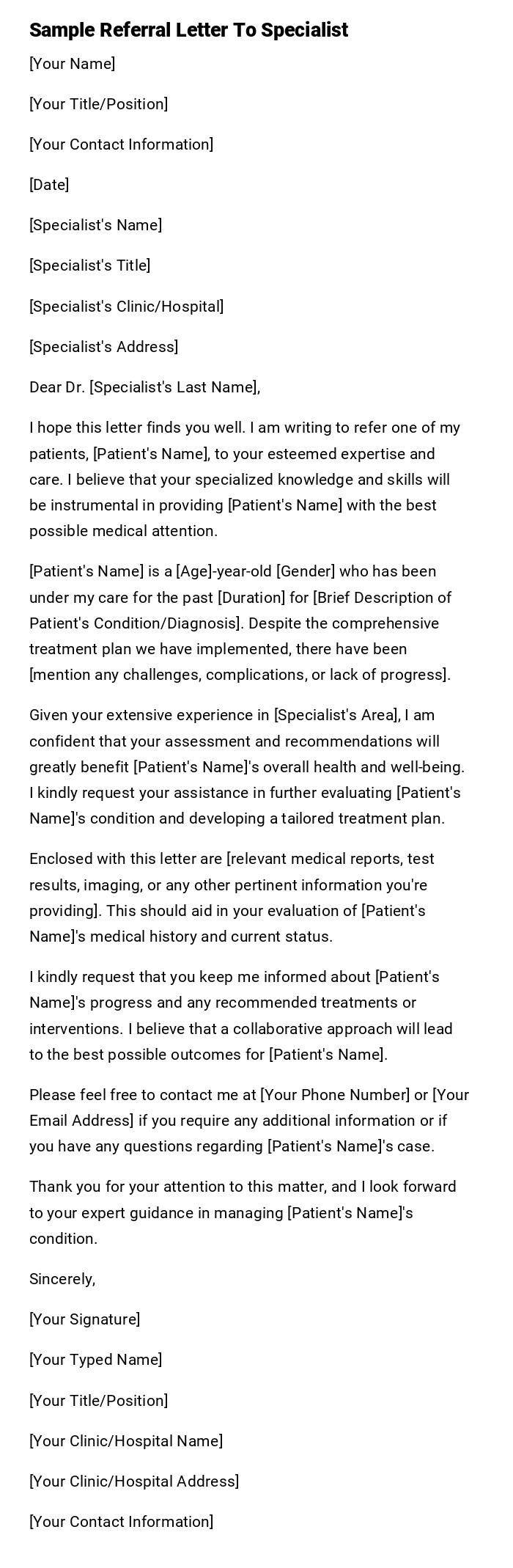 Sample Referral Letter To Specialist