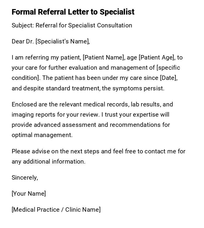 Formal Referral Letter to Specialist Formal Referral Letter to Specialist