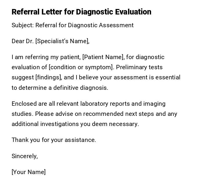 Referral Letter for Diagnostic Evaluation Referral Letter for Diagnostic Evaluation