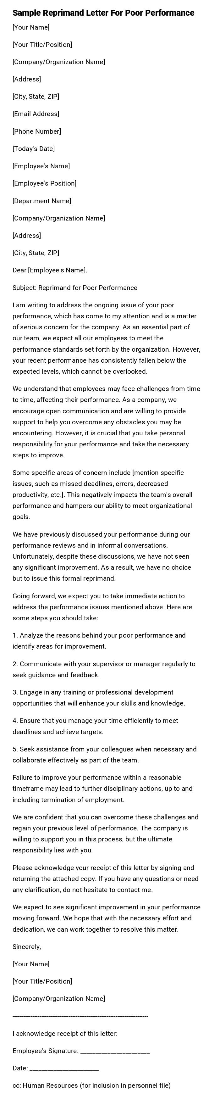 Sample Reprimand Letter For Poor Performance