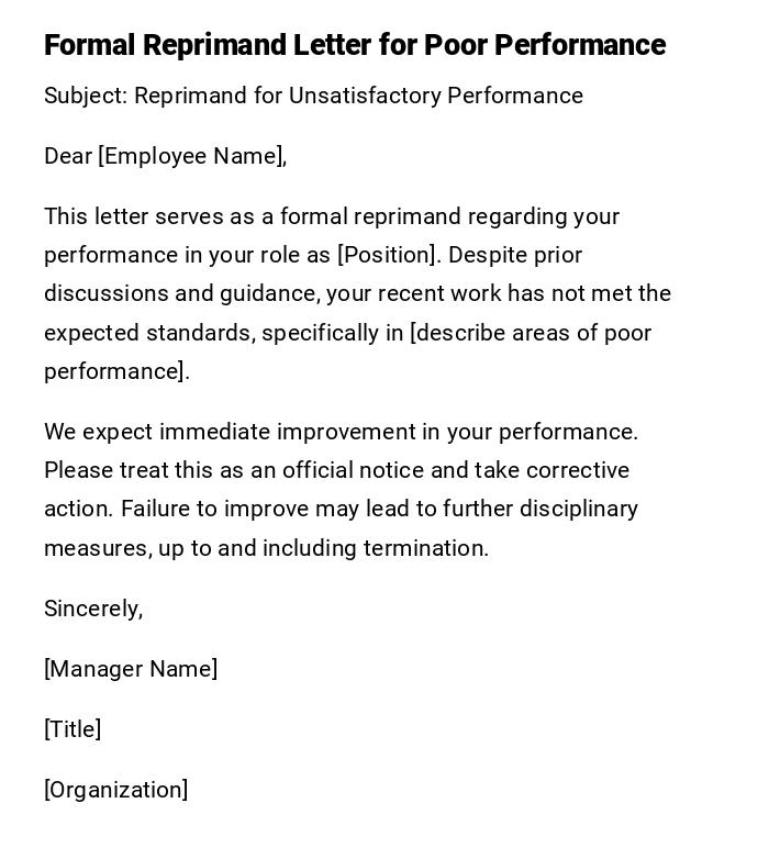 Formal Reprimand Letter for Poor Performance Formal Reprimand Letter for Poor Performance