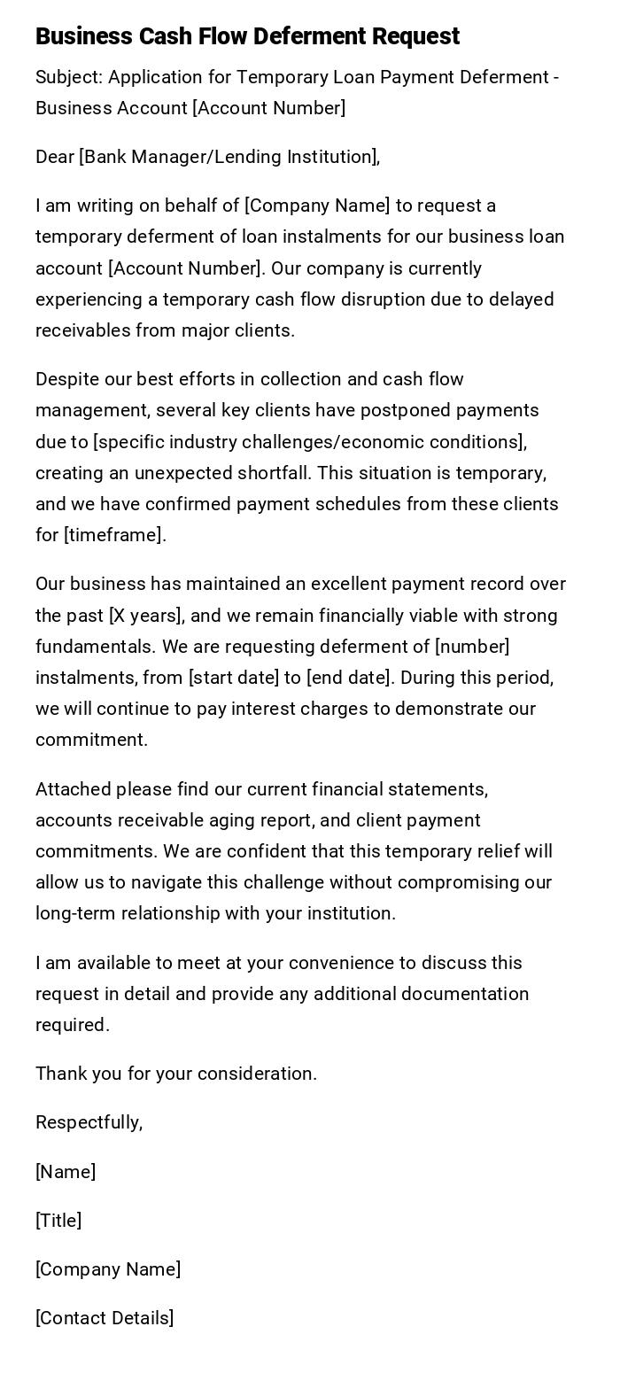 Business Cash Flow Deferment Request Business Cash Flow Deferment Request