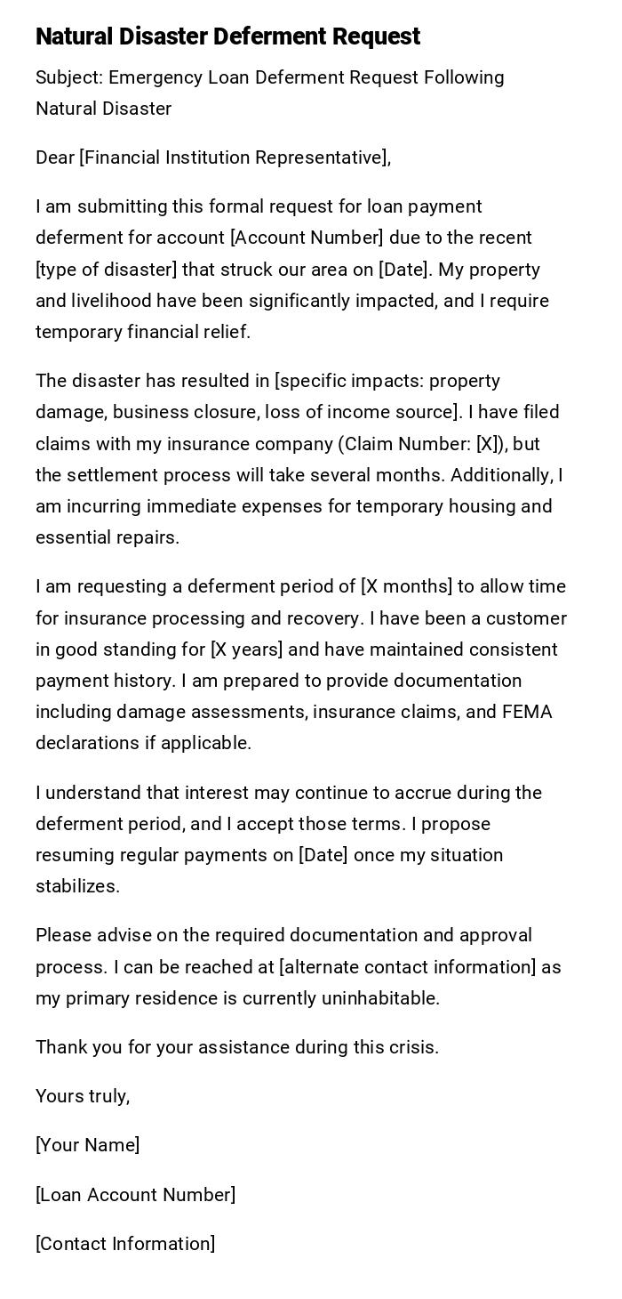 Natural Disaster Deferment Request Natural Disaster Deferment Request
