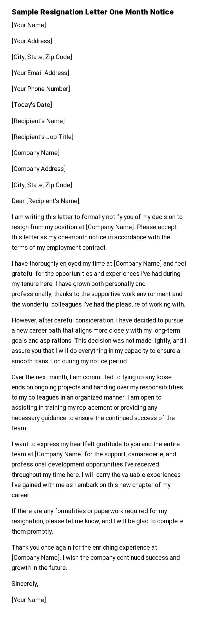 Sample Resignation Letter One Month Notice