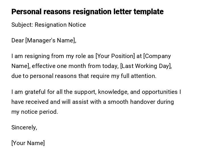 Personal reasons resignation letter template Personal reasons resignation letter template