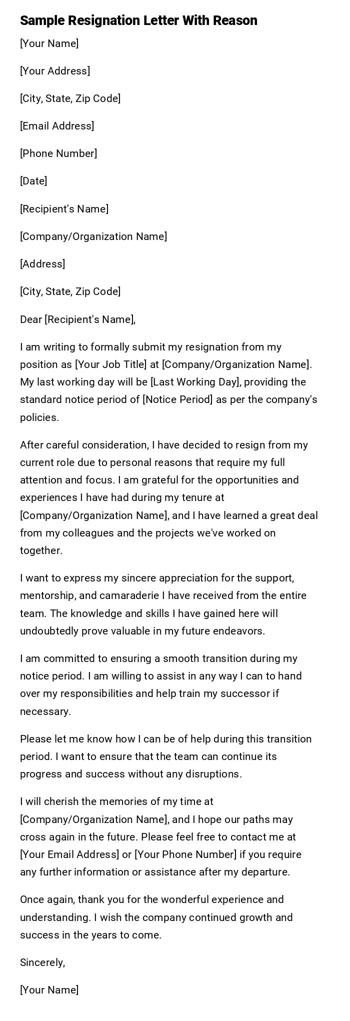 Sample Resignation Letter With Reason