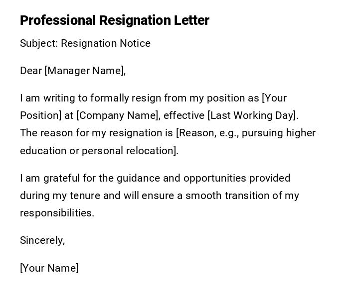 Professional Resignation Letter Professional Resignation Letter
