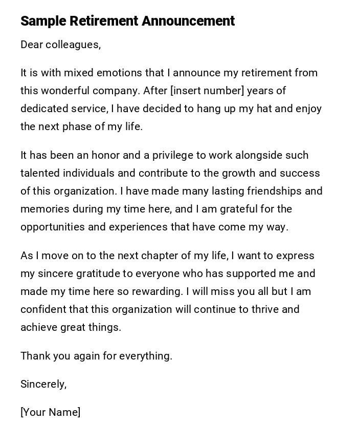Sample Retirement Announcement Sample Retirement Announcement