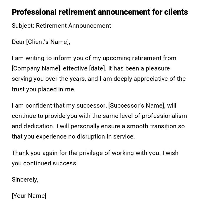 Professional retirement announcement for clients Professional retirement announcement for clients