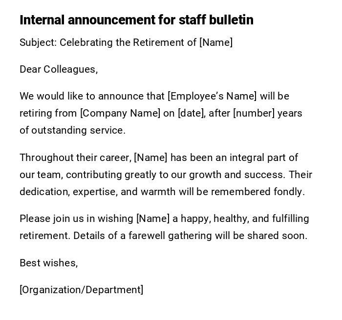 Internal announcement for staff bulletin Internal announcement for staff bulletin