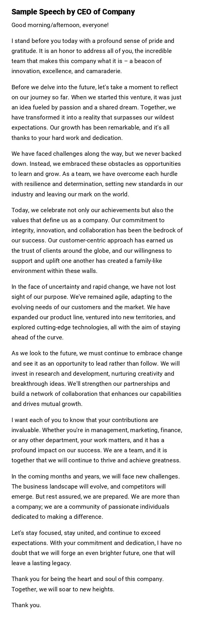 Sample Speech by CEO of Company Sample Speech by CEO of Company